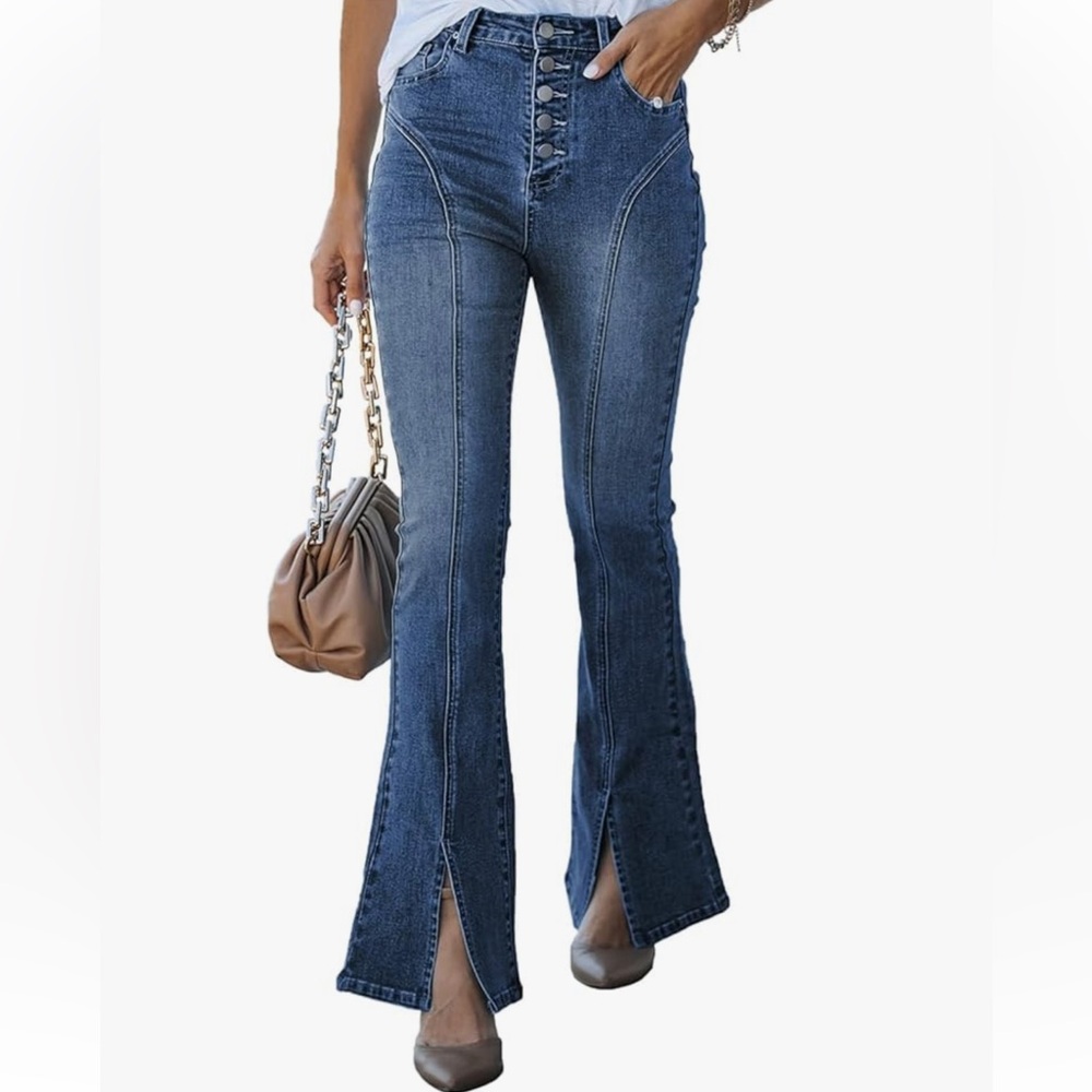 Women Flare Jeans Bell Bottom Slit Hem Denim Retro VTG 60s 70s Wide Leg Pants 8
